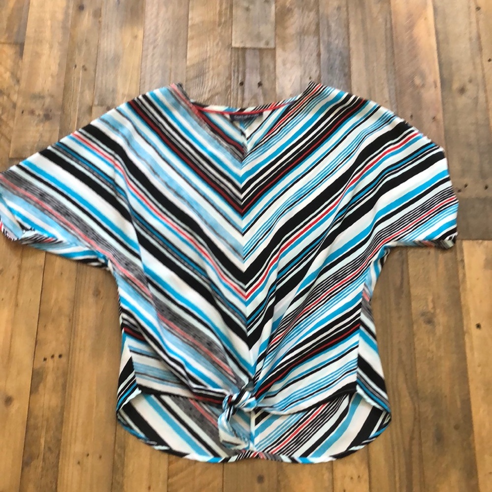 Striped Blue, Black, Red Tie-front Blouse
